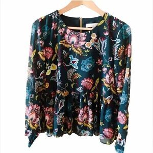 LOFT Floral Peplum Hem Long Sleeves Blouse SZ XS